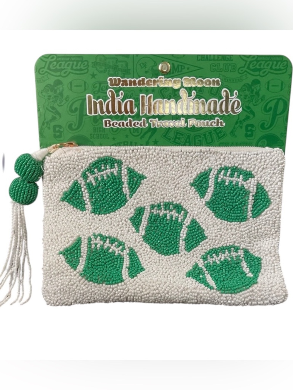 NWT India Handmade Green & White Beaded Football Wristlet